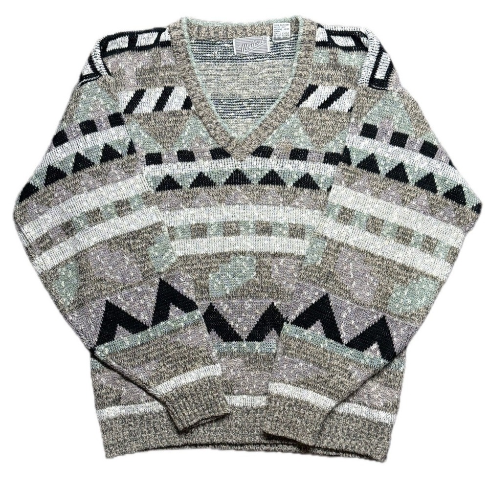 Method Vintage Geometric Pattern V-Neck Knit Sweater Size L Gray Beige